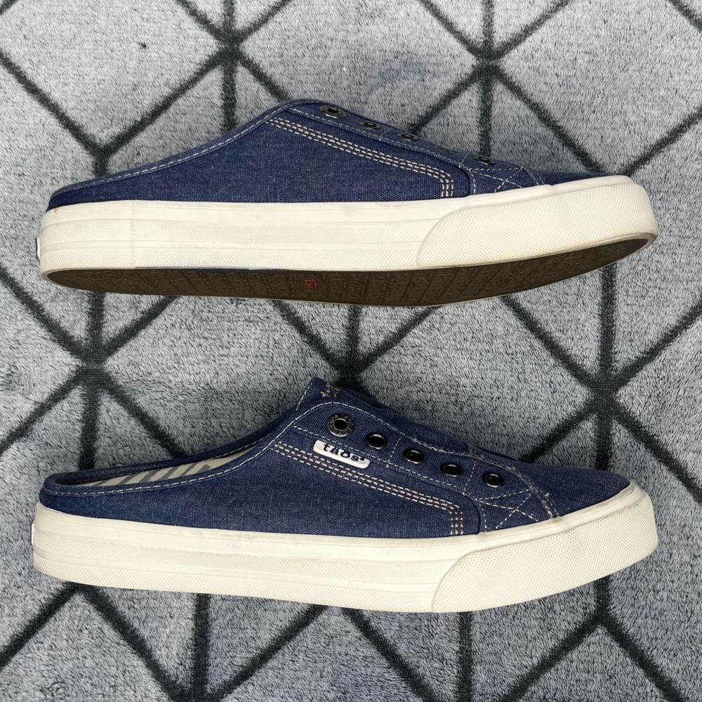 Taos Footwear Slip-in Mules Blue Canvas EZ Soul Shoes Open Heel Sneakers - Picture 3 of 9